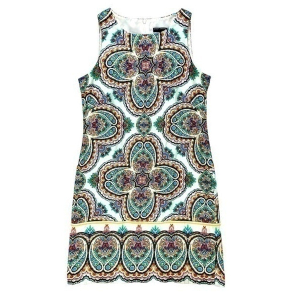 Maggy London Paisley Medallion Shift Mini Dress Women 2 Blue Green Stretch Boho